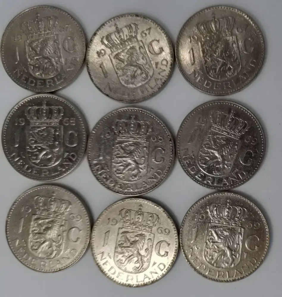 9 Koin Netherlands 1 G JULIANA 1967; 1968; 1969