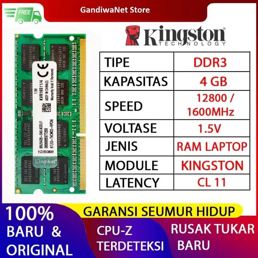 RAM KINGSTON DDR3 4GB 1600MHZ 12800 ORI RAM LAPTOP DDR3 RAM DDR3