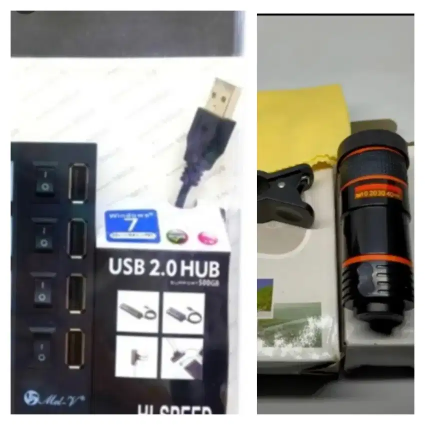 USB Hub 4 port with saklar, led & mobile telescope jepit