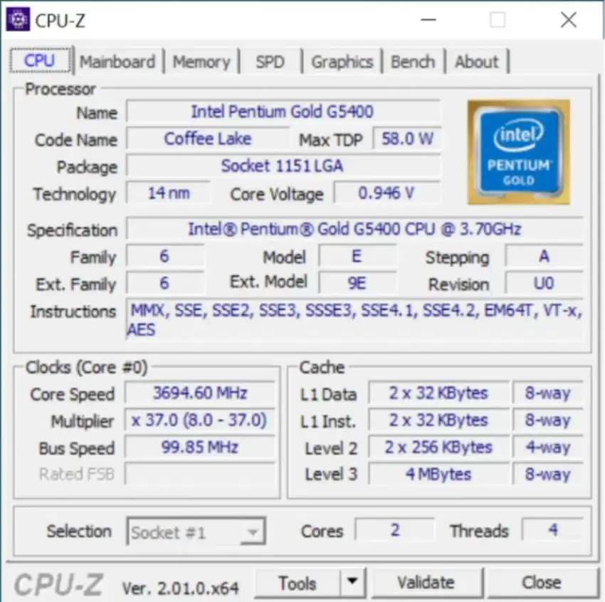 Processor Intel Pentium Gold G5400