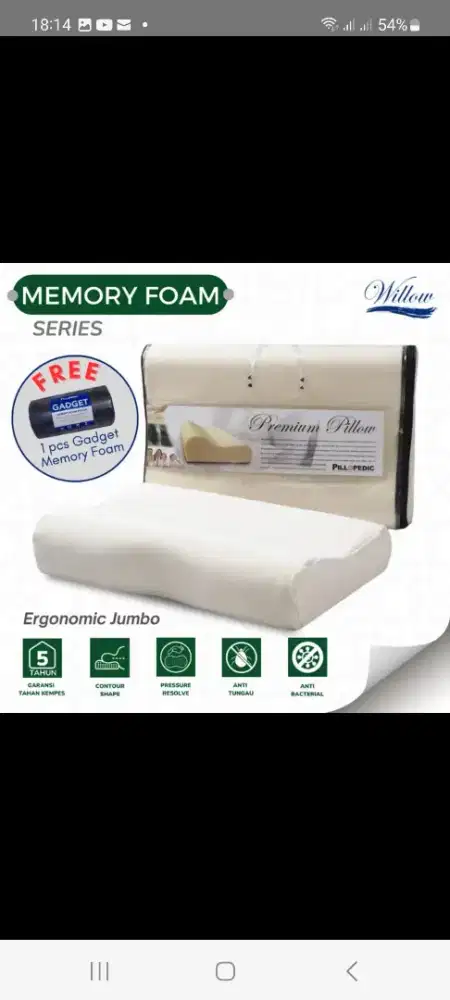 Bantal Memory Foam Ergonomic Jumbo / Willow Pillopedic Premium