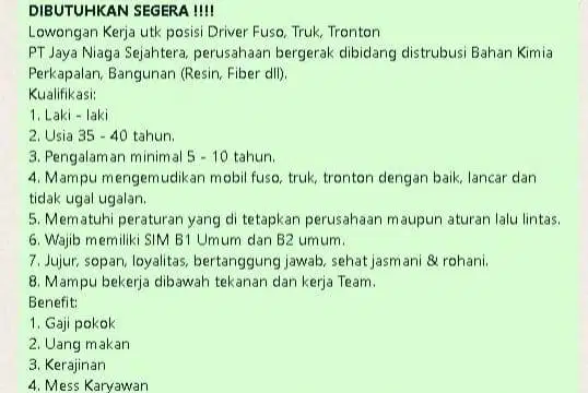 Lowongan Driver SIM B 1 Umum dan B 2 Umum