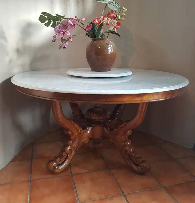 Meja makan marmer antik dm 150 cm plus putaran tengah