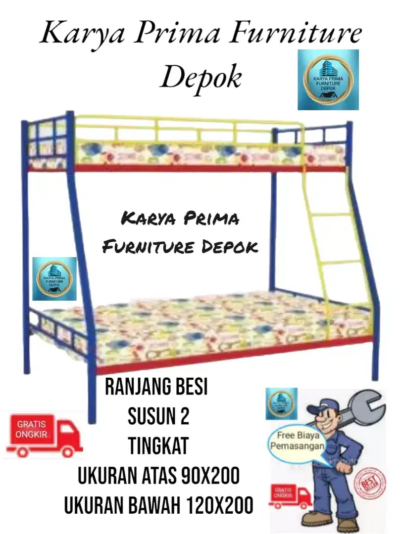 Ranjang besi susun 2 tingkat ukuran atas 90x200 bawah 120x200 COD.