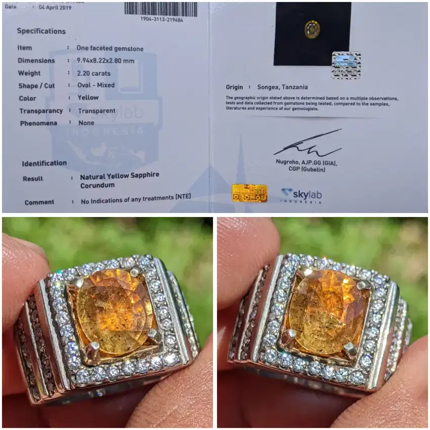 natural NTE yellow safir songea ring perak sertifikat SKY lab