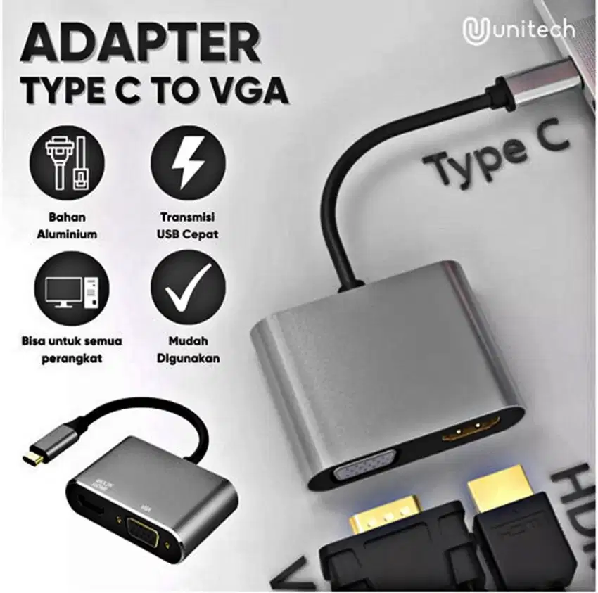 Konverter USB TYPE C 2 in1 To HDMI dan VGA Adapter