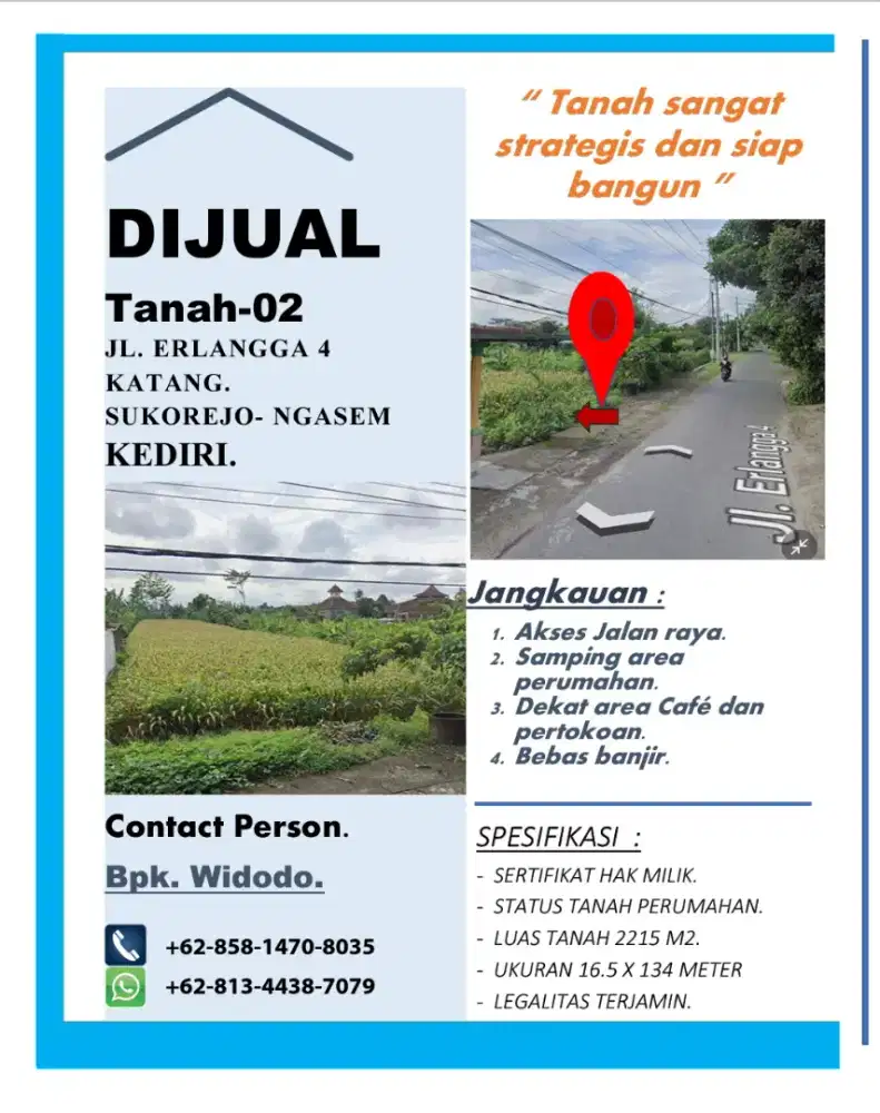 DIJUAL TANAH JL. ERLANGGA KATANG - DESA SUKOREJO  KAB. KEDIRI