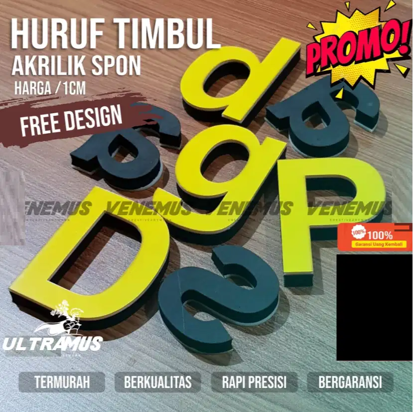 HURUF TIMBUL / ANGKA / LOGO TIMBUL Akrilik 2mm + Spon ati 10mm