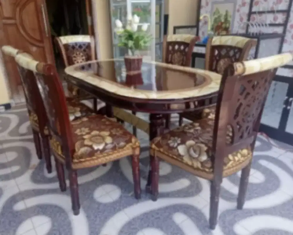 Meja Makan 6kursi Motif Marmer JATI