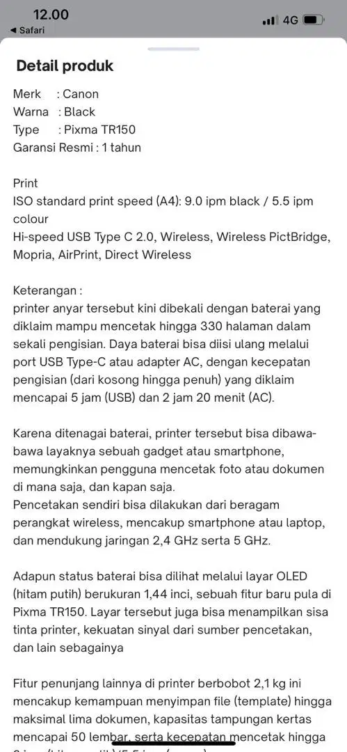 Printer Canon TR150 baru masih segel harga seken