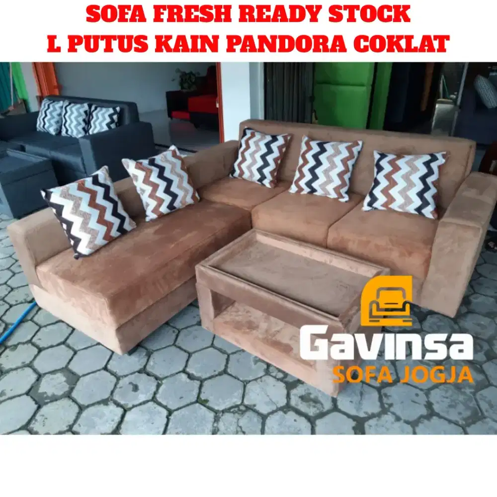Premium Sofa L Putus Custom, Coklat kain bludru 1 set meja bantal