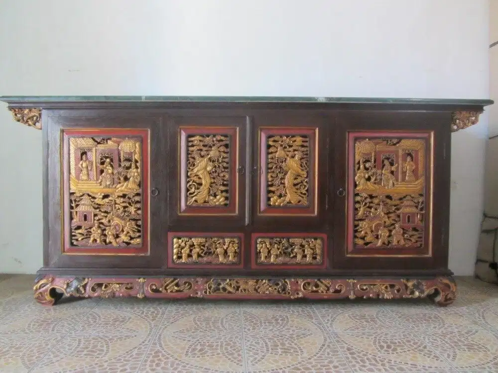 Dijual Bufet Dewa Dewi Marmer Hijau Kayu Jati Tua