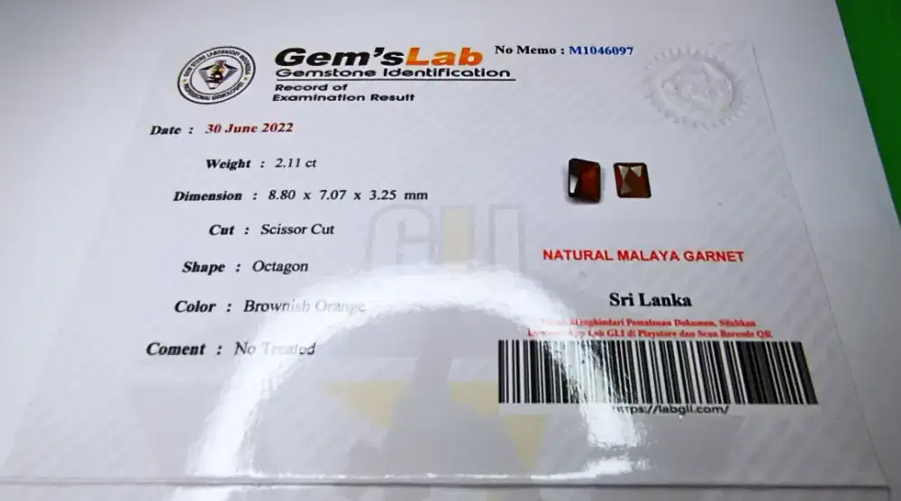 Natural Malaya Garnet Bermemo 2,11 Carat