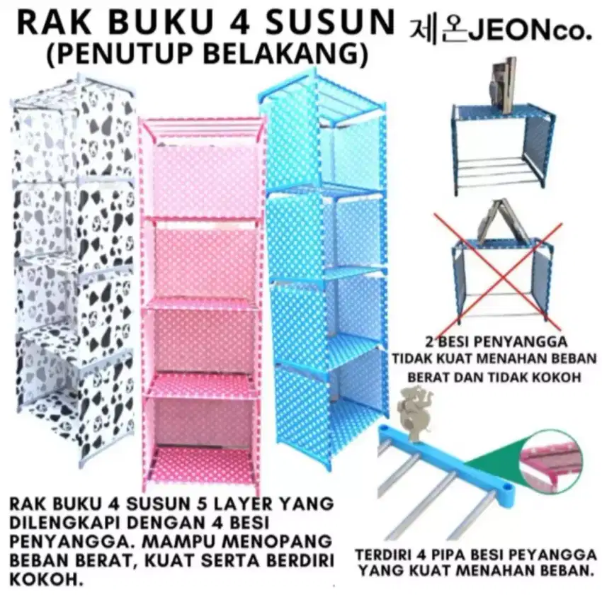 Rak Buku 4 Susun Portable Dengan Tutup Belakang