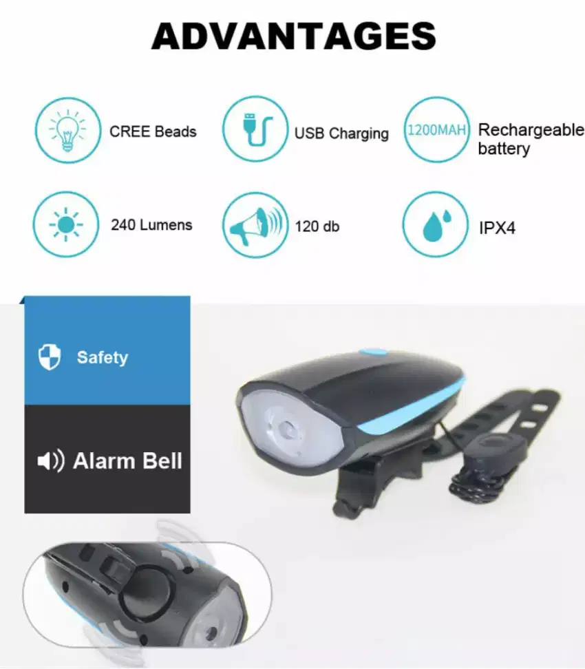 TaffLED Lampu Sepeda LED Cree dengan Klakson Rechargeable XPG 7588