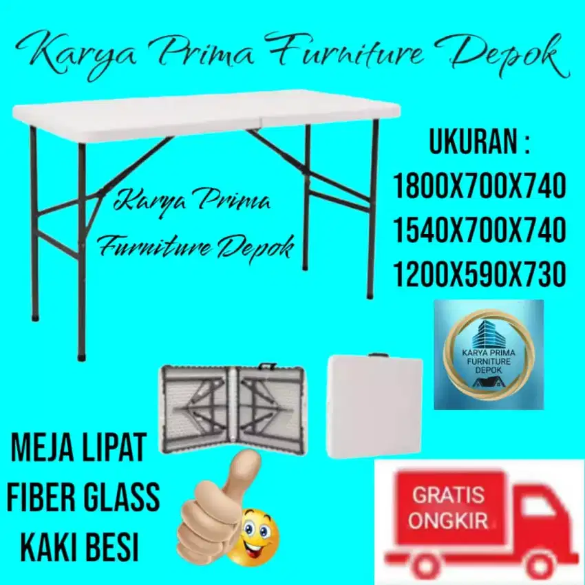 Meja Makan Lipat Serba Guna 1800x700x740 Fiberglass Kaki Besi 950rb