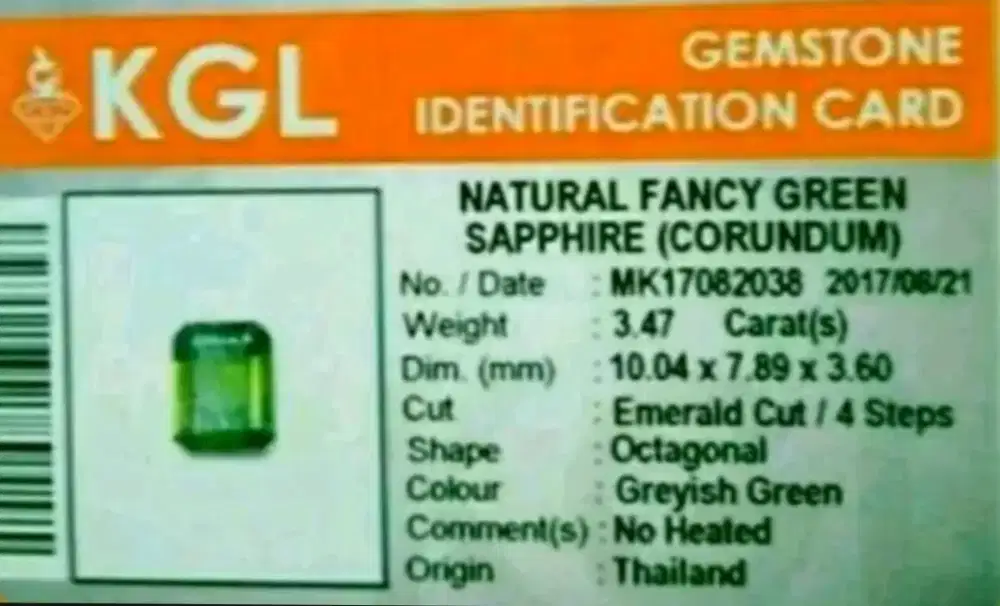 Natural Green Sapphire 3.47 Carats Memo Noheated (NH)