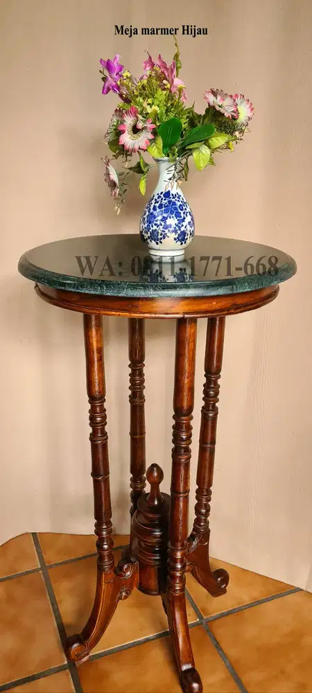 Meja marmer hijau bulat dm 50cm kaki tinggi