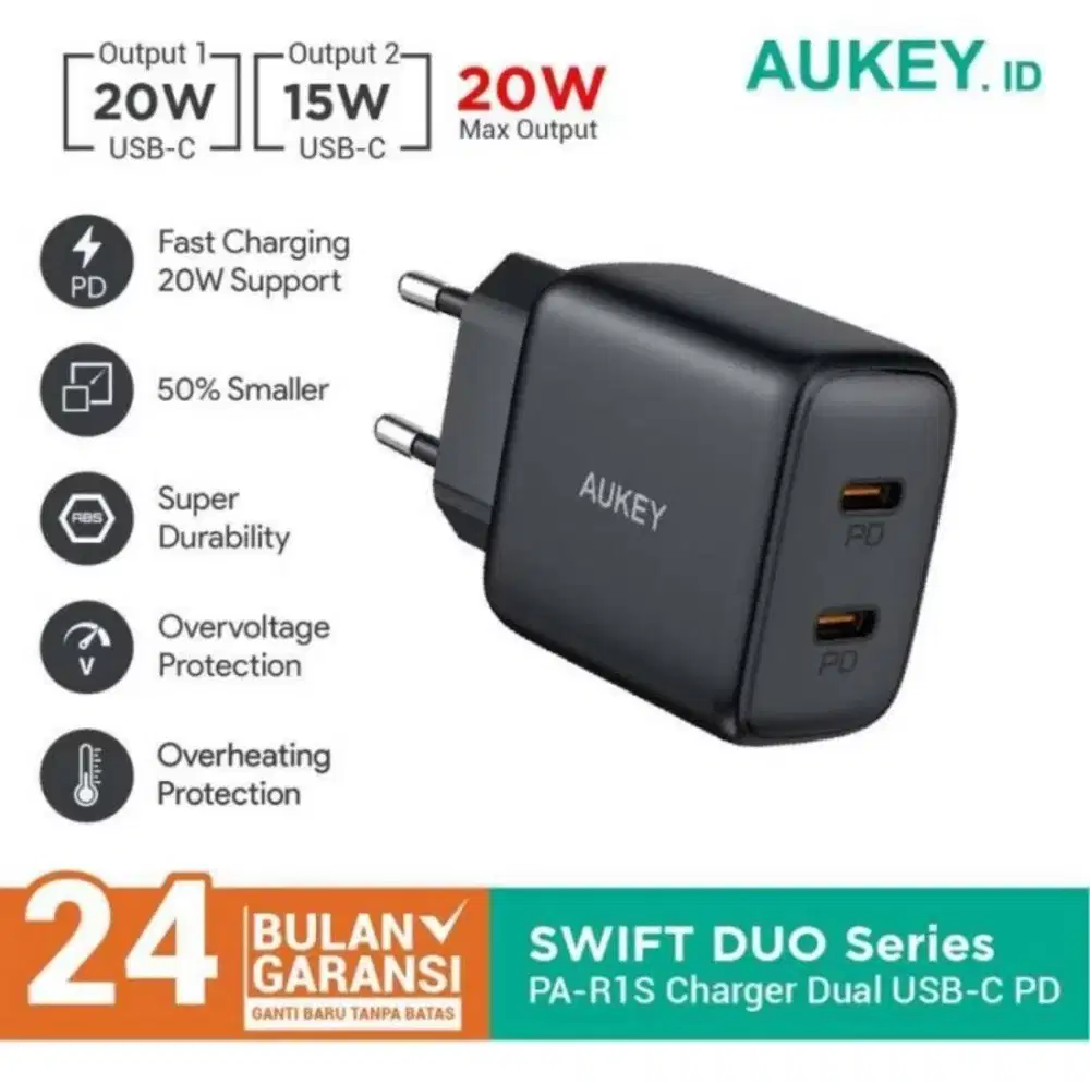 Charger Iphone Aukey PA-R1S Dual USB C PD