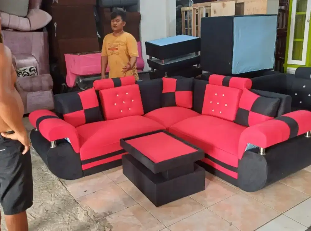 PROMO!! Sofa L Minimalis Full Bantalan Free meja