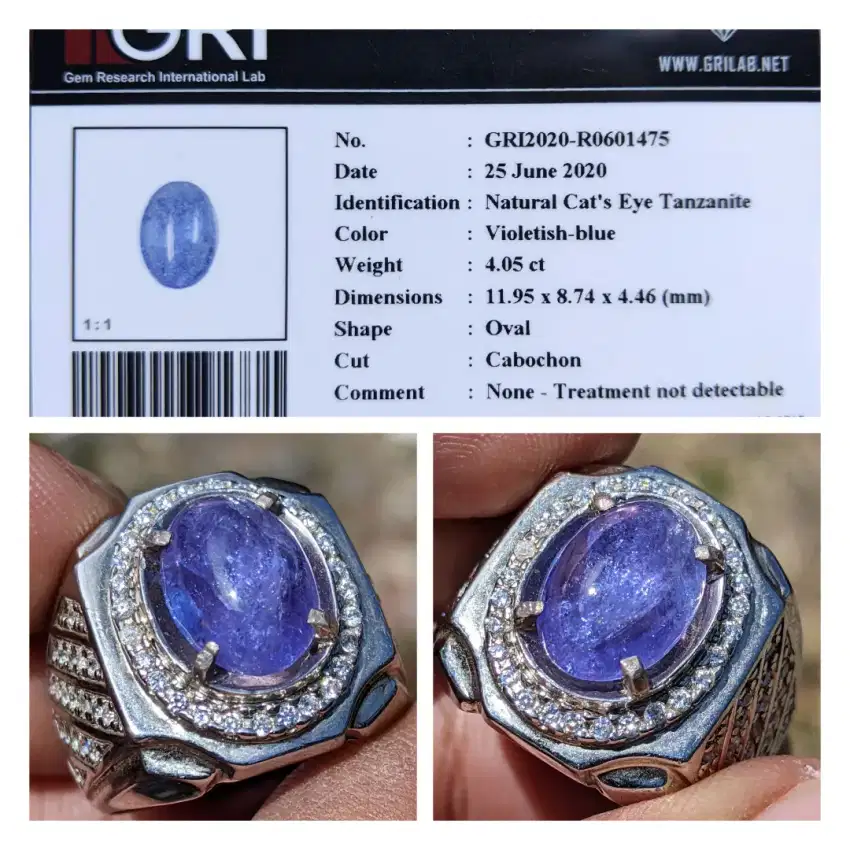 natural 4.05 cts tanzanite cat eye ring perak memo GRI lab