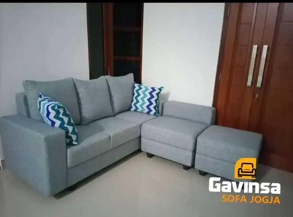 Premium Sofa minimalis 3 seat + 2 Puff , Bahan Viena Grey , Pengrajin