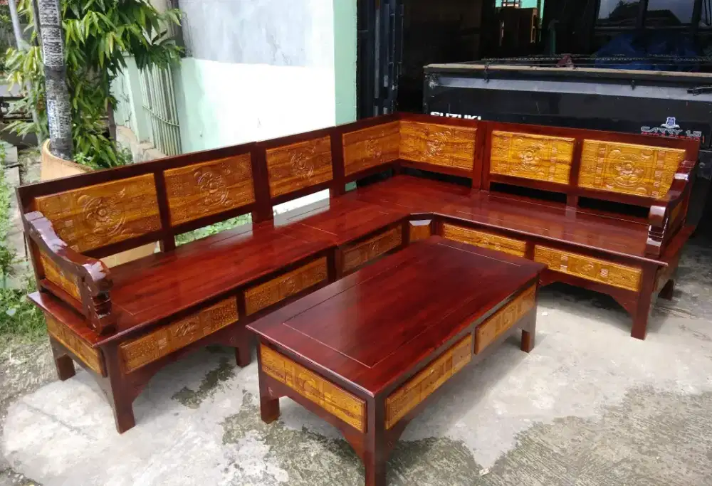 Paket Meja dan Kursi Tamu Sudut L Kayu Jati Terlaris Elegan Terlaris