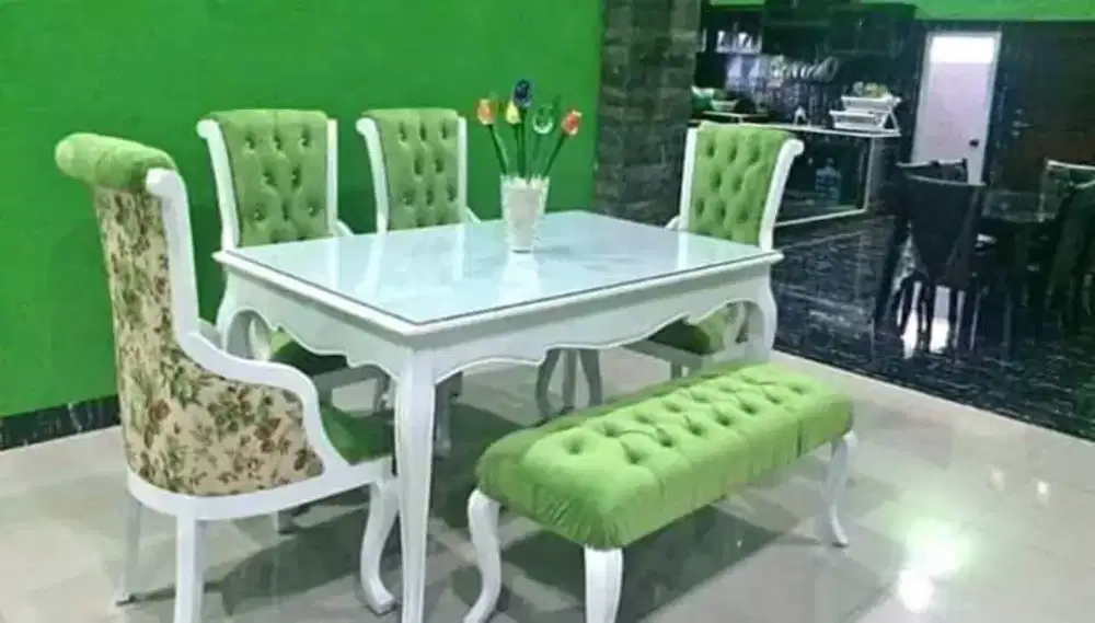 kursi makan jok mewah shabby chic material rangka kayu jati