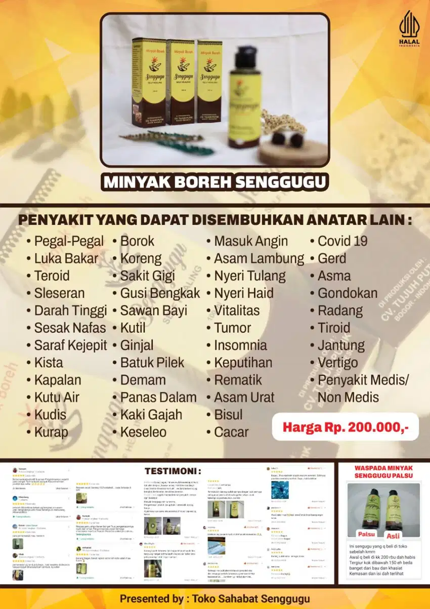 Minyak Herbal Senggugu Untuk Berbagai Keluhan Penyakit