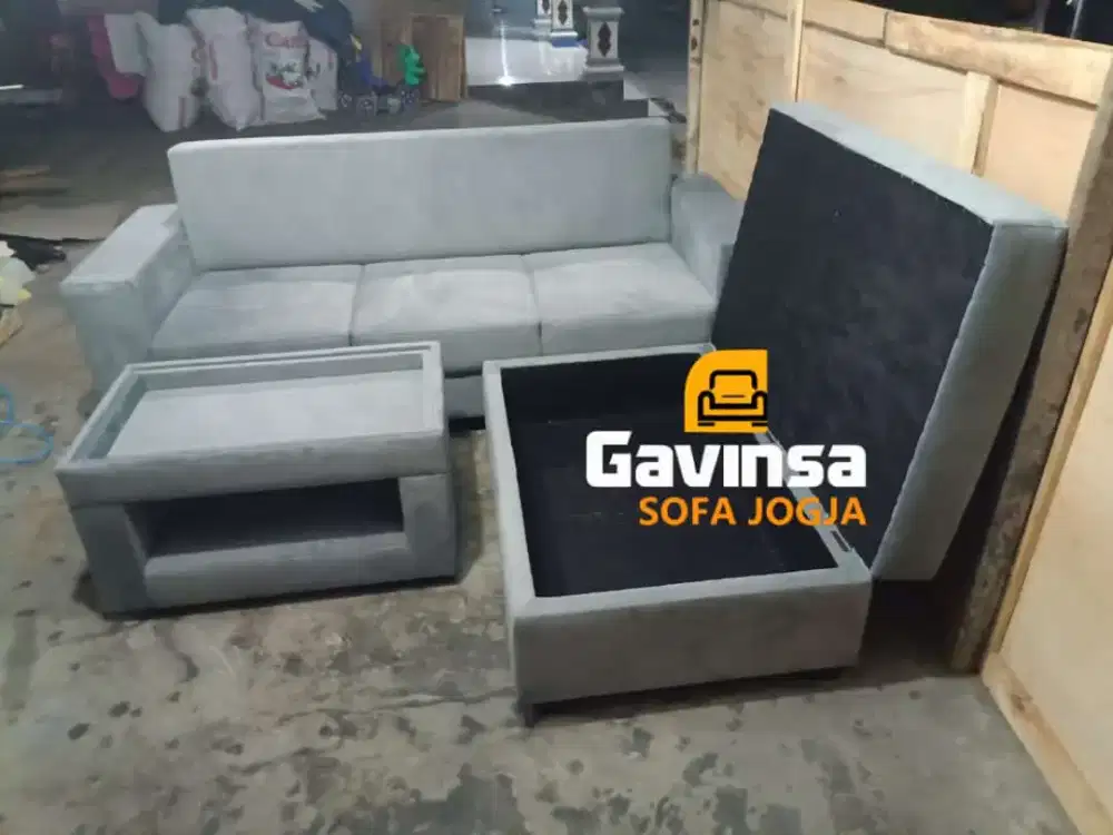 Premium Sofa L Peti kemas , Bahan Bludru Vegas Grey, Garansi 2 Tahun