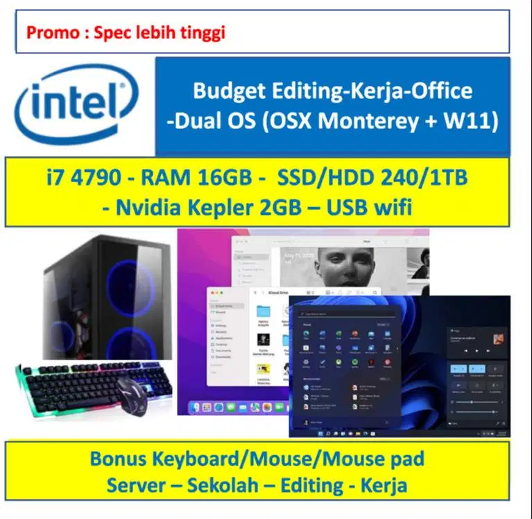 Promo pc rakitan i7 budget Dual OS Monterey-W11 ssd 512gb ram 16gb