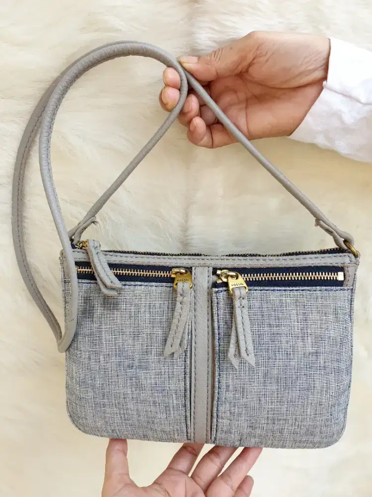Tas Import Eks Fossil Selempang Sling Kecil Knvas Denim mix Kulit Asli