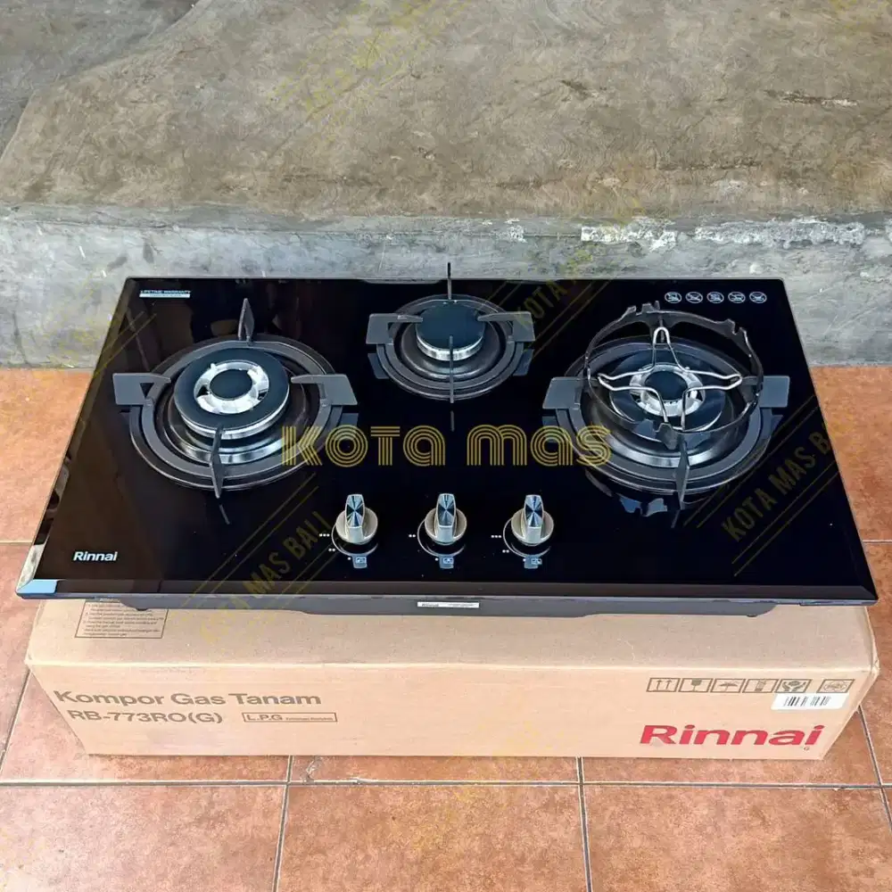 Kompor Tanam 3 Tungku Kaca Rinnai RB773ROG Tempered Glass Gas Stove