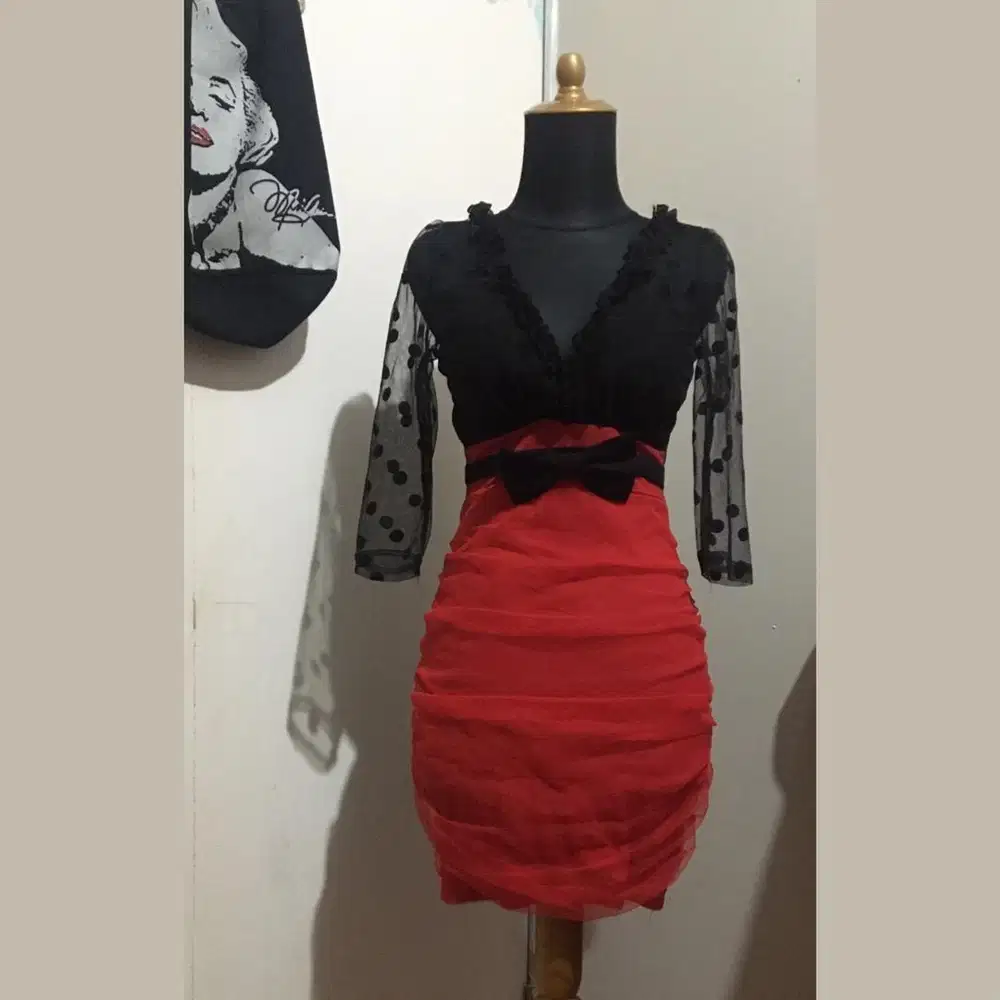 Dress Lace Cantik Hitam Merah Pita