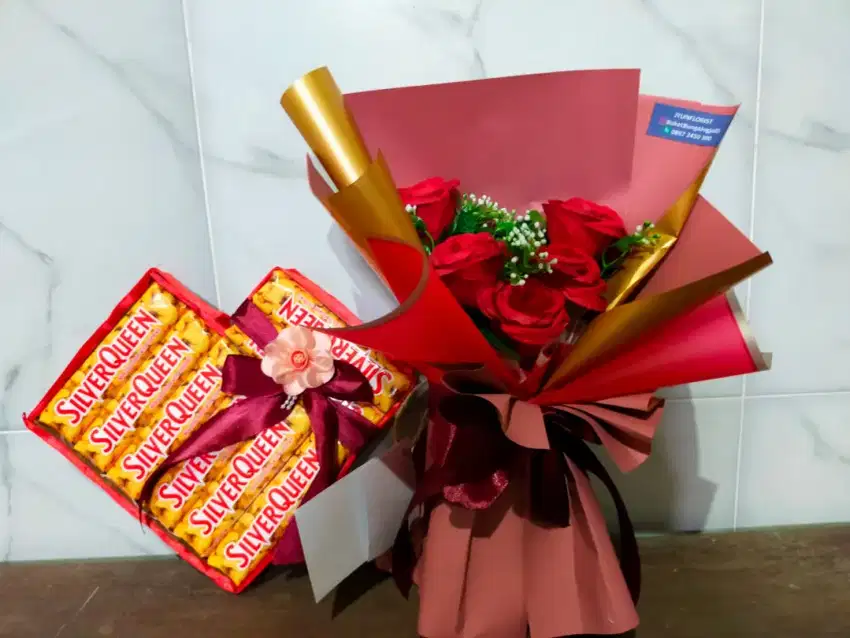 Buket Bunga artificial Premium + Coklat gift