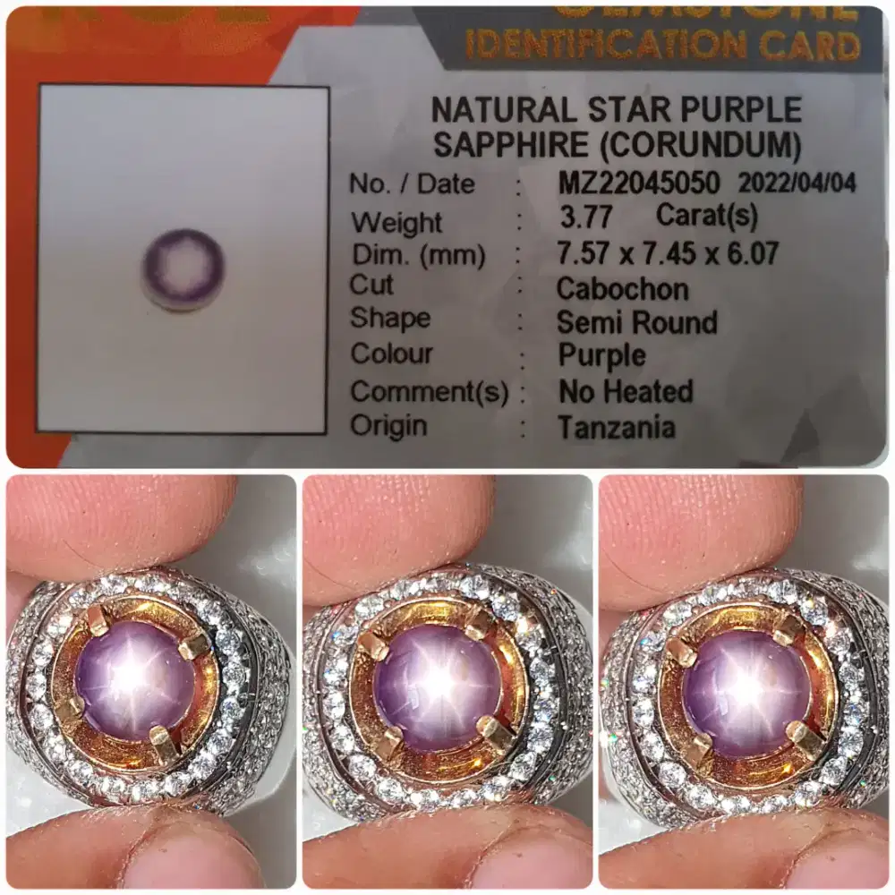 Natural Purple Star Sapphire 3.77 ct NH Tanzania memo KGL ring perak