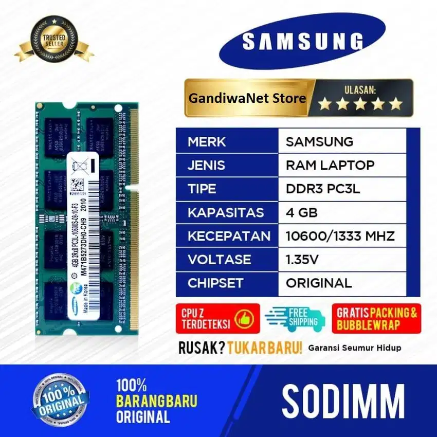 RAM LAPTOP SAMSUNG DDR3 4GB 10600/1333MHz ORIGINAL PC3L - DDR3L