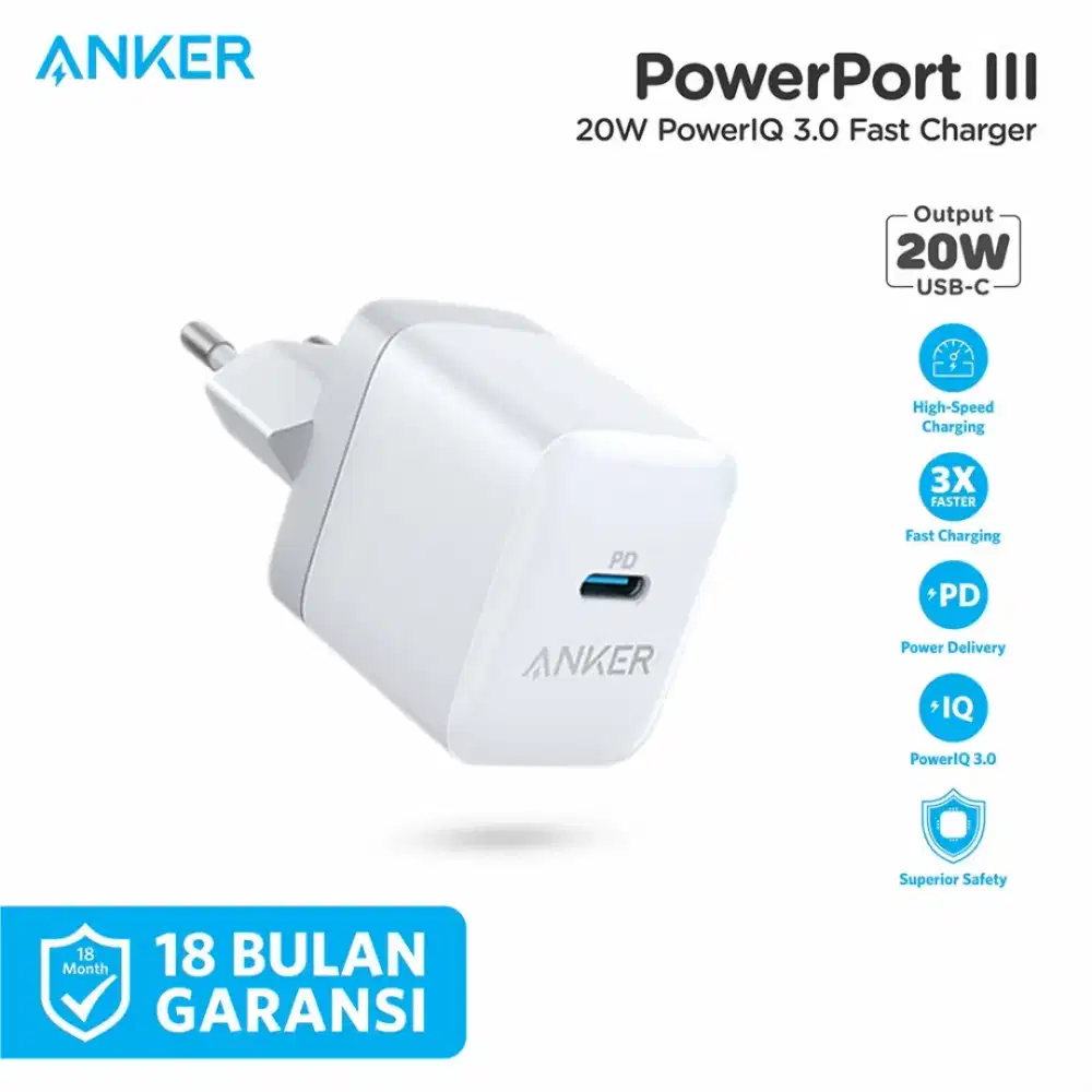 Wall Charger Powerport III Anker A2631 20W PowerIQ 3.0 Fast Charger