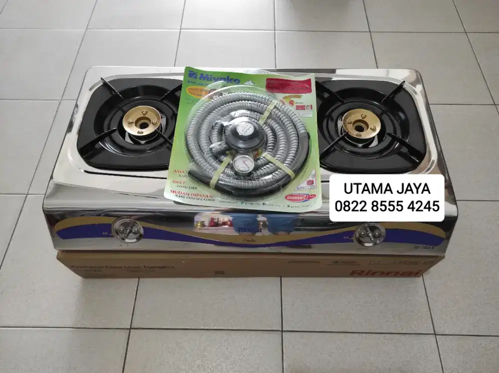 Paket kompor gas 2 tungku Stainless Rinnai RI-522E