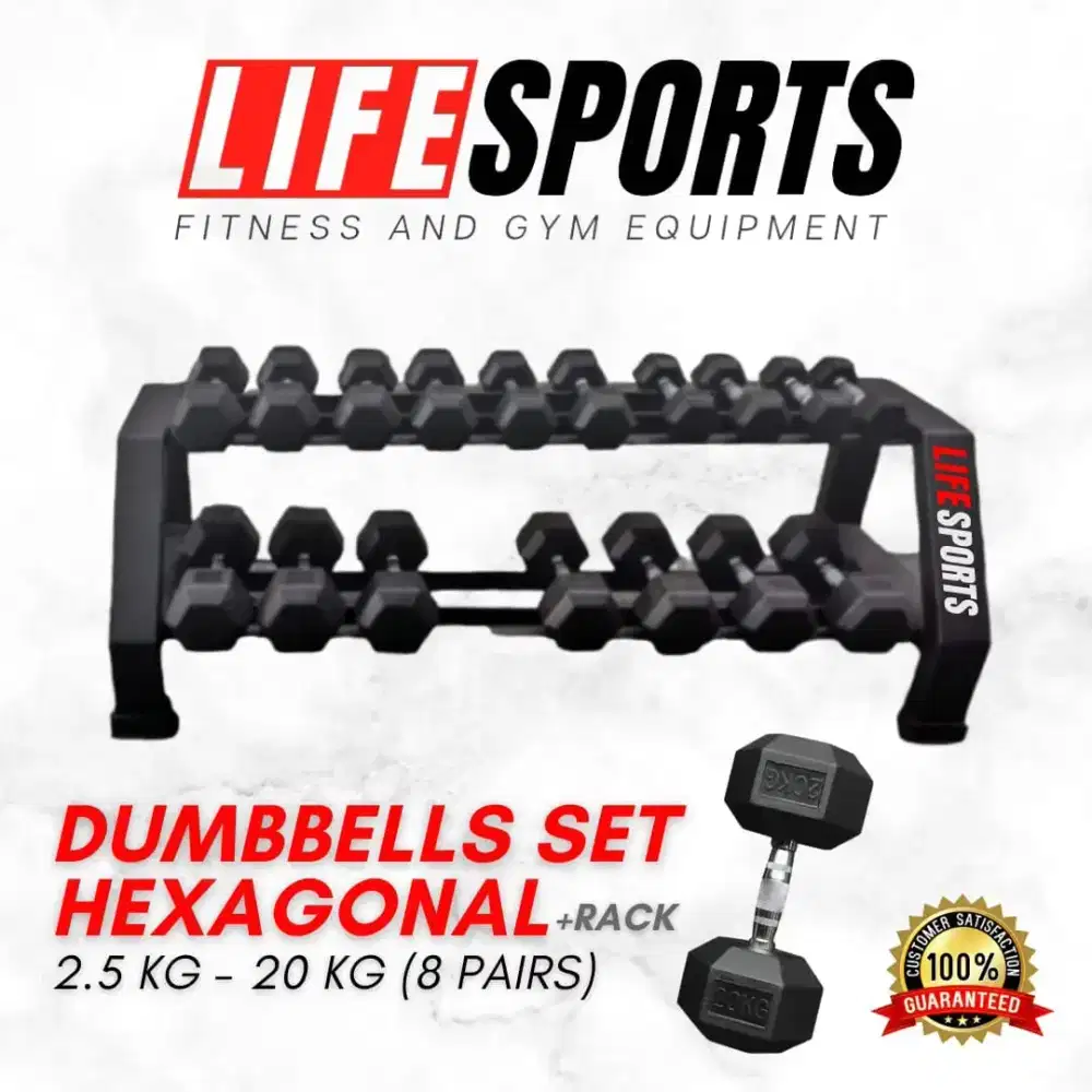 DUMBELL SET + RACK HEXAGONAL LIFE SPORTS COMERCIAL IMPORT ORIGINAL