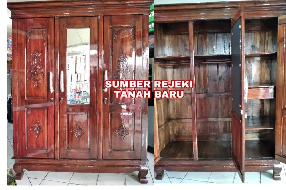 Lemari Pakaian Jati 3 Pintu Plus Cermin