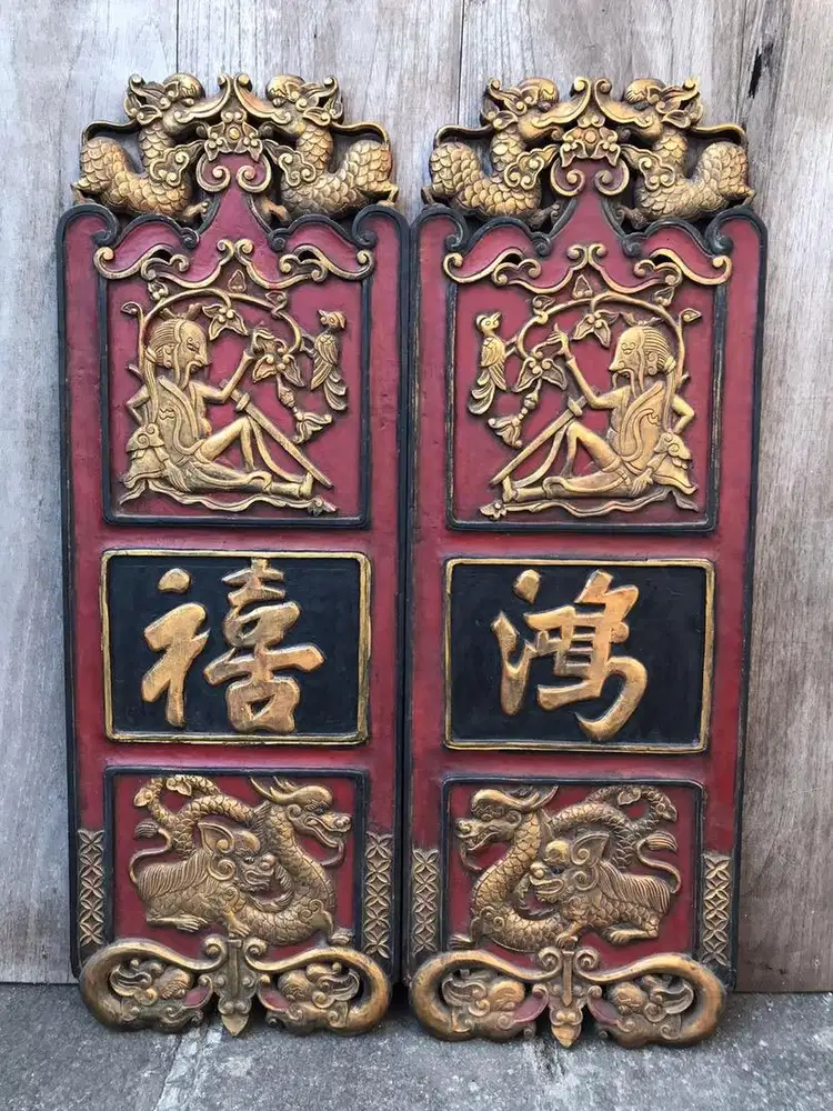 Sepasang Blawong Motif Chinese Kayu Jati Tua