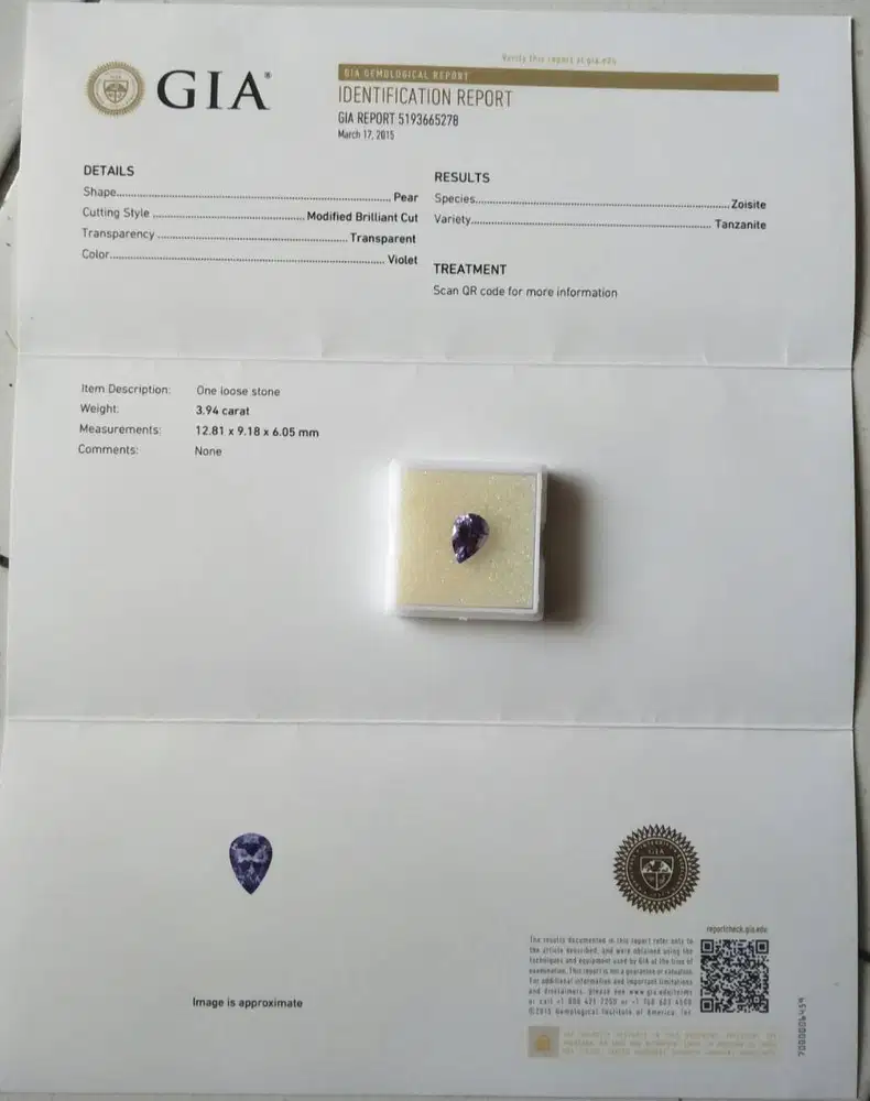 3.94 carat Natural Tanzanite bersertifikat GIA  America