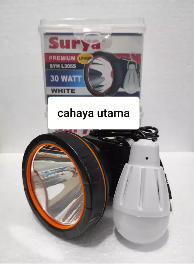 SENTER KEPALA SURYA 30W CAHAYA PUTIH BONUS LAMPU LED (BARU)