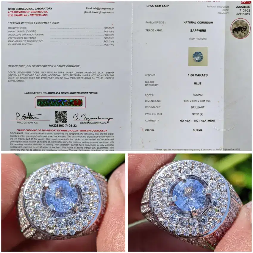 natural NTE blue safir burma 1.06 cts ring perak sertifikat GFCO lab