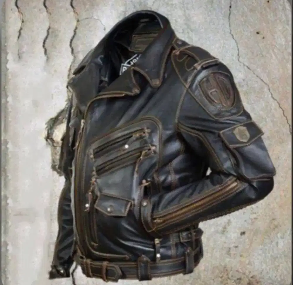 Jaket kulit domba asli pria ramones Harley Davidson