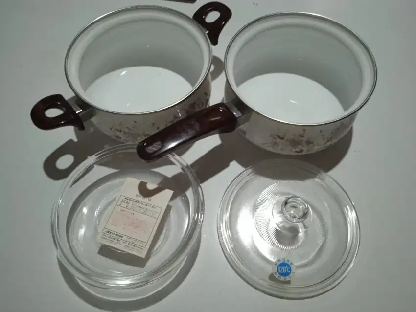 Set Panci Enamel dengan Handle dan Gagang + Tutup Kaca Tempered glass