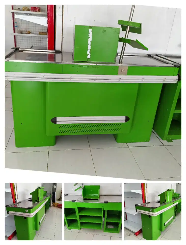 Meja kasir plat dan rak gondola