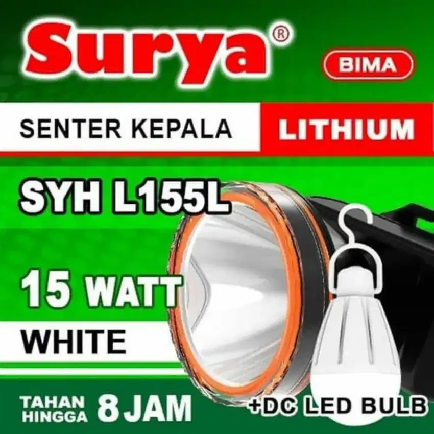 Senter kepala + bohlam 15 watt merk SURYA