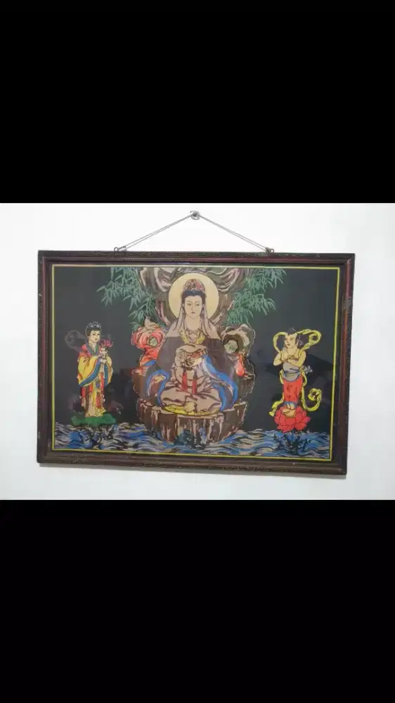 Lukisan antik vintage handmade sutera/silk Dewi Kwan Im